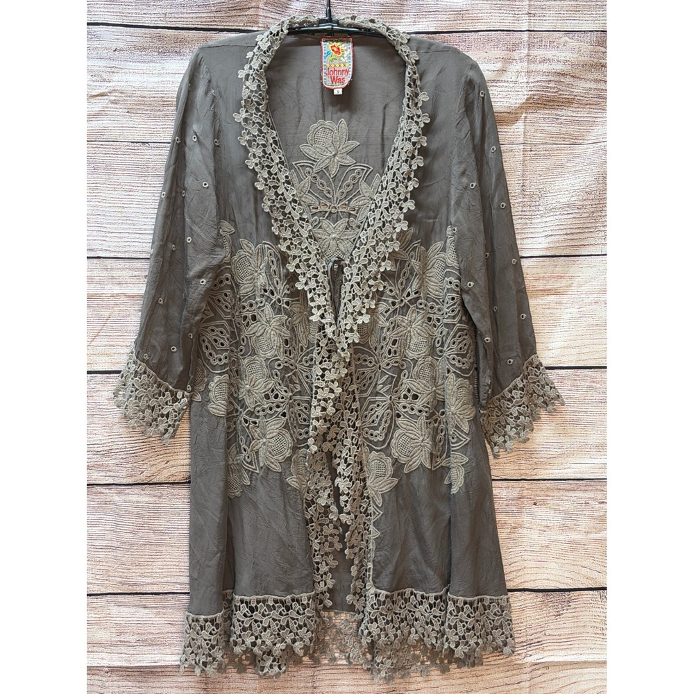 Johnny Was Grey Cupra Rayon Floral Eyelet Lace Trim Duster Cardigan Boho Small